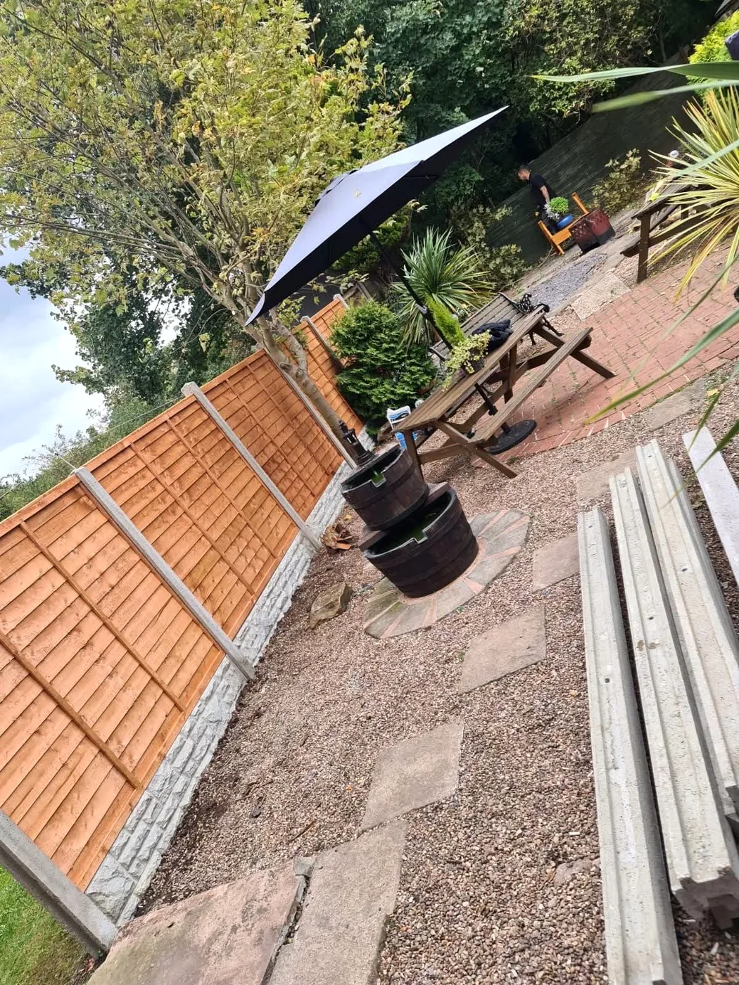 Completed timber fence panels viewed across the garden