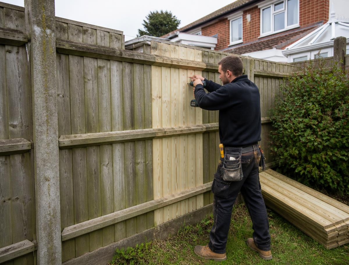 Carpenter fixing replacement timber boards into an existing fence run