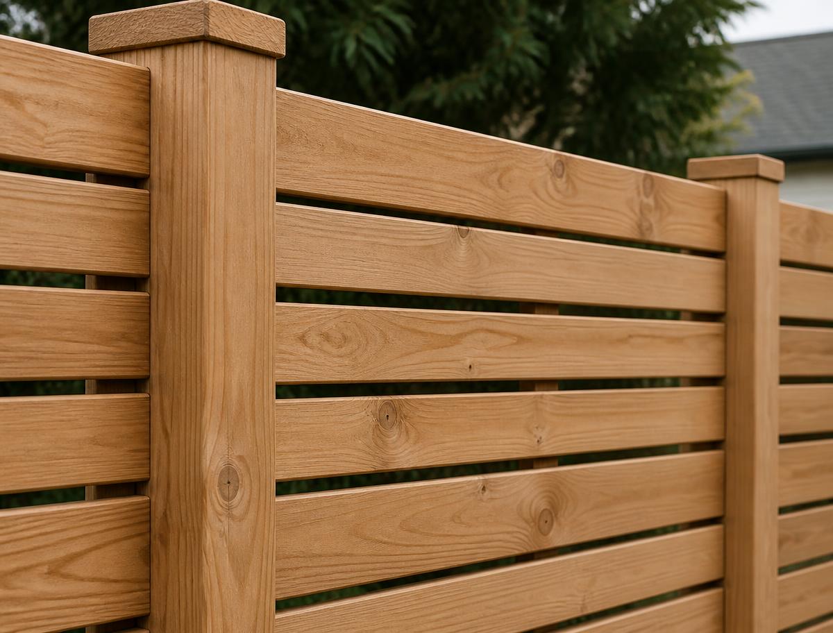 Detail of horizontal slatted timber fence panels and capped posts