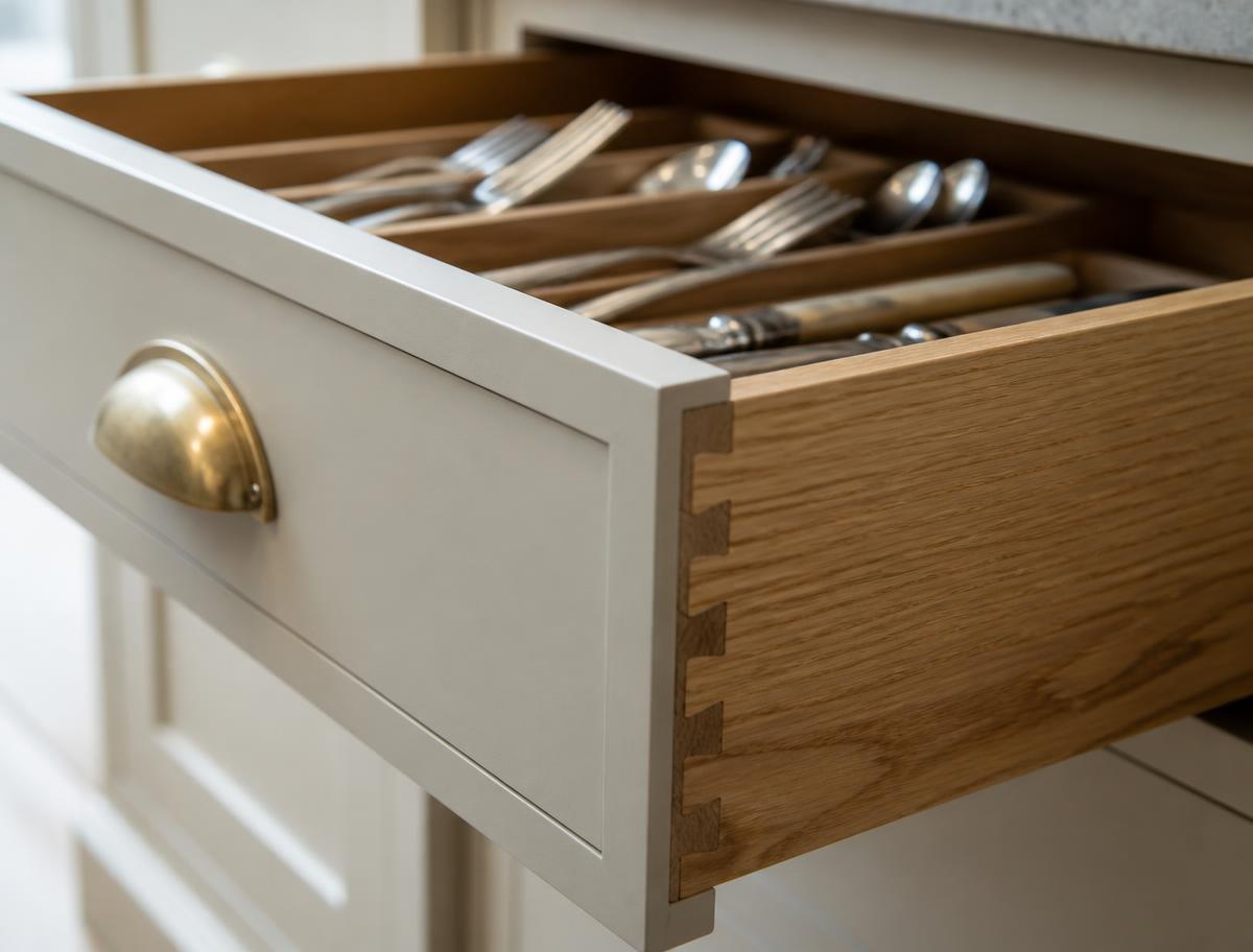 Dovetailed solid oak drawer box behind a painted shaker drawer front