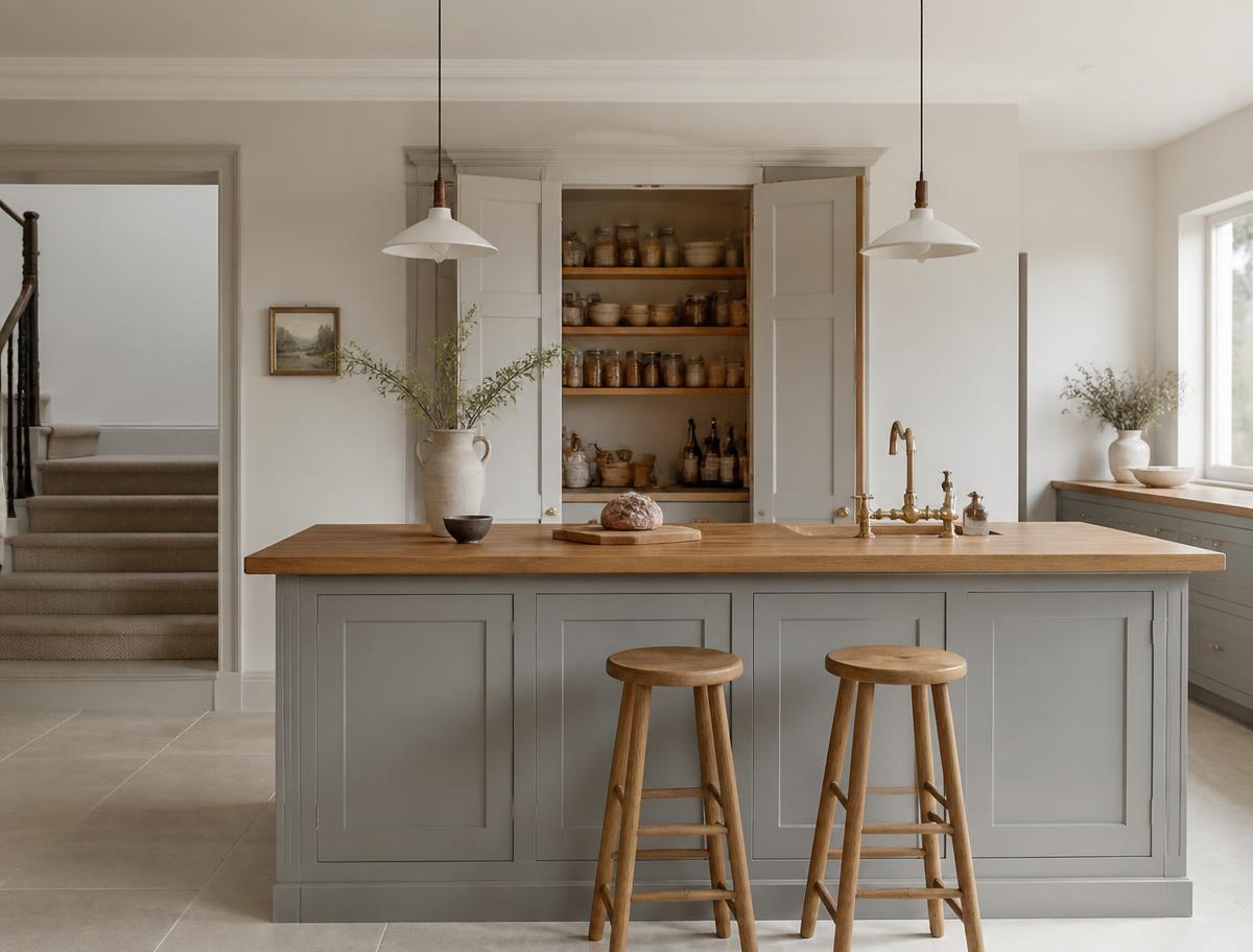 Bespoke kitchen island with panelled base and open pantry cupboard behind
