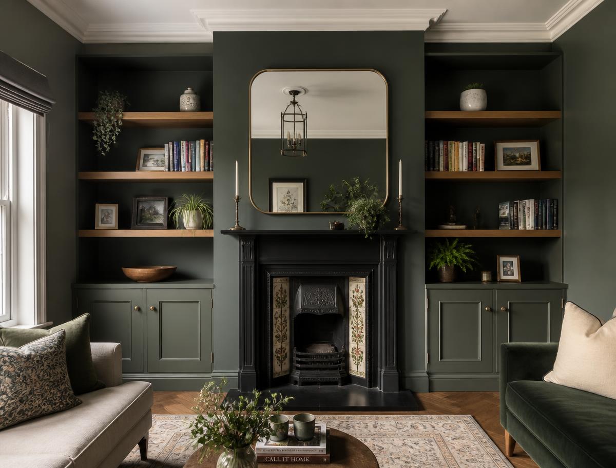 Built-in alcove cupboards and shelving either side of a period fireplace