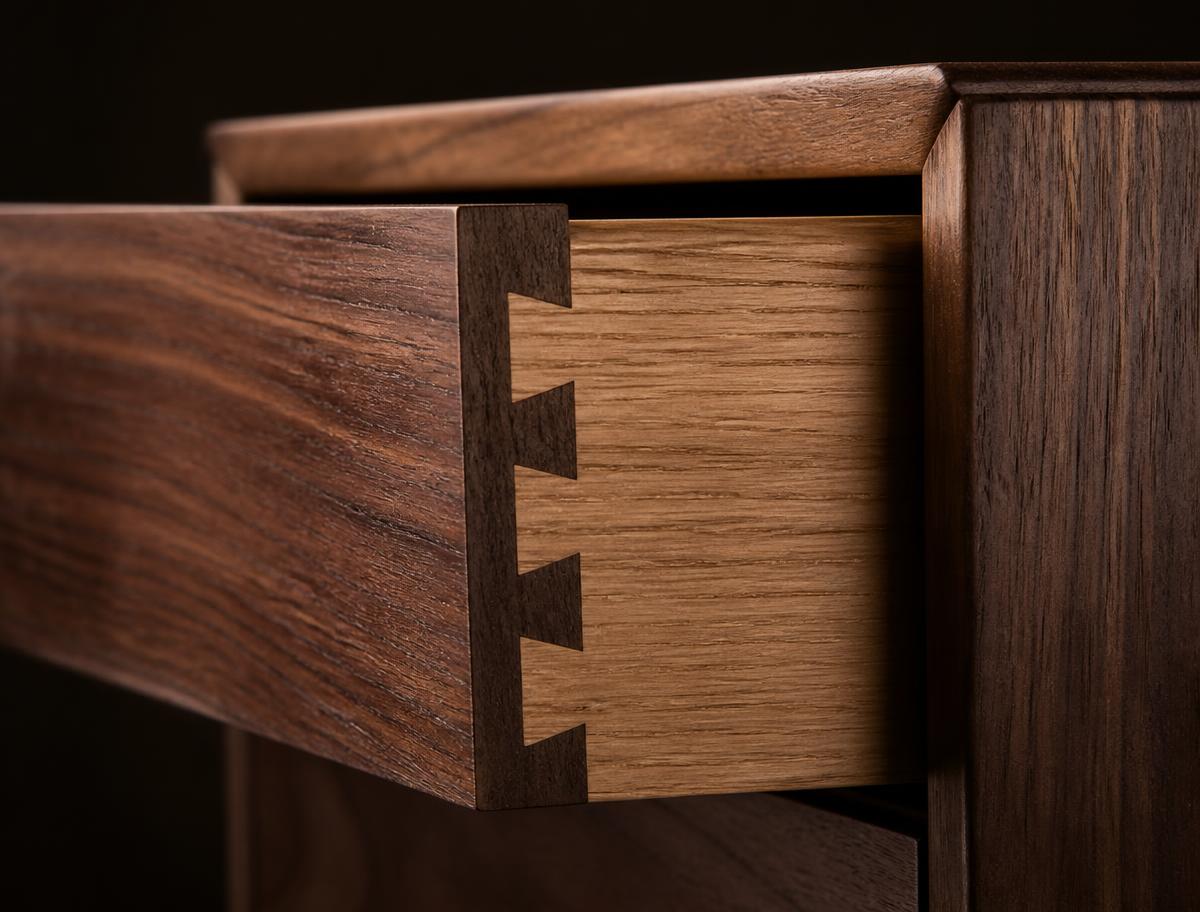 Hand-cut dovetail joint in a bespoke walnut drawer