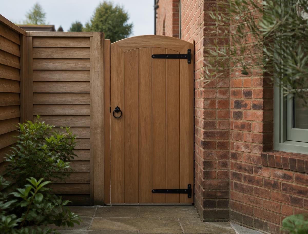 Bespoke timber side gate with black ironmongery between a brick wall and fence