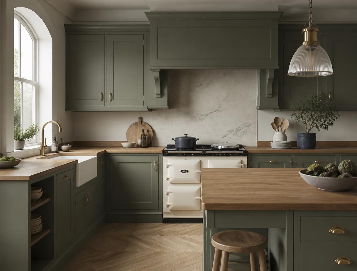 Bespoke painted in-frame kitchen with solid oak worktops and brass hardware