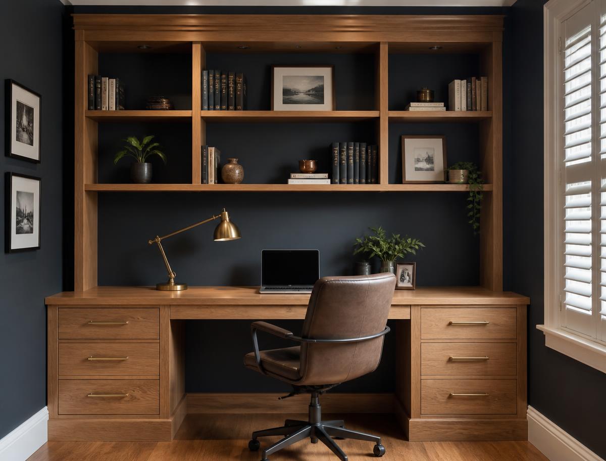Bespoke oak home office desk and shelving built into an alcove