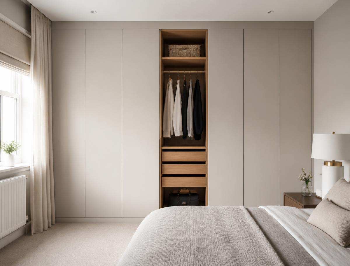 Handleless fitted wardrobes with oak interior shelving in a neutral bedroom