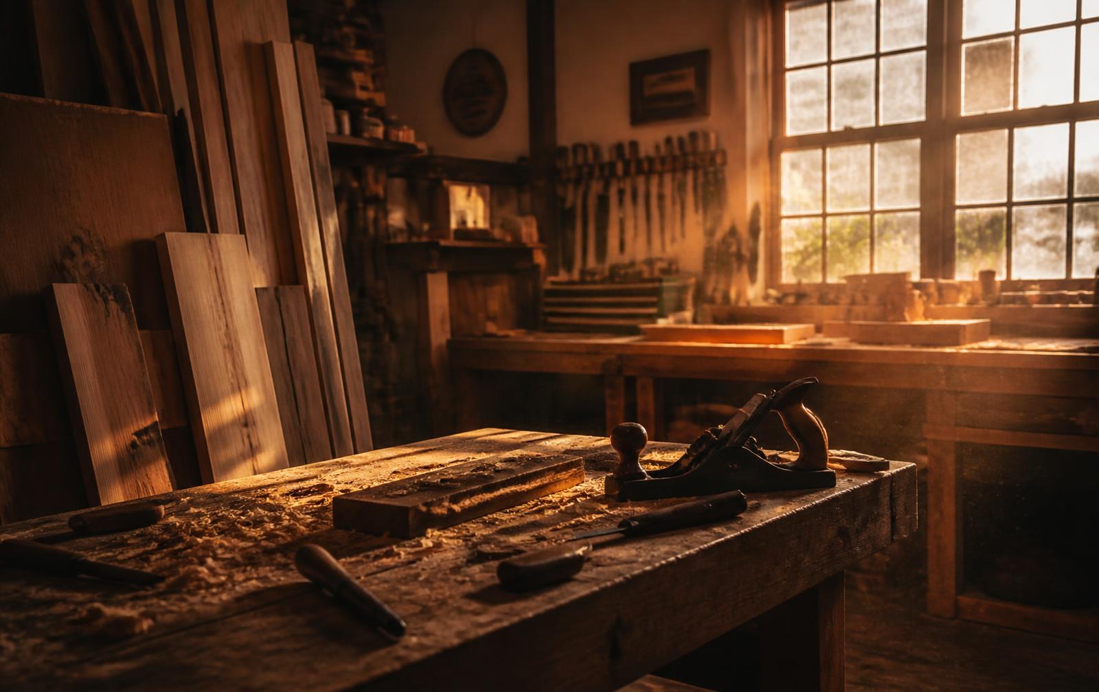 Timber boards and hand tools in a joinery workshop